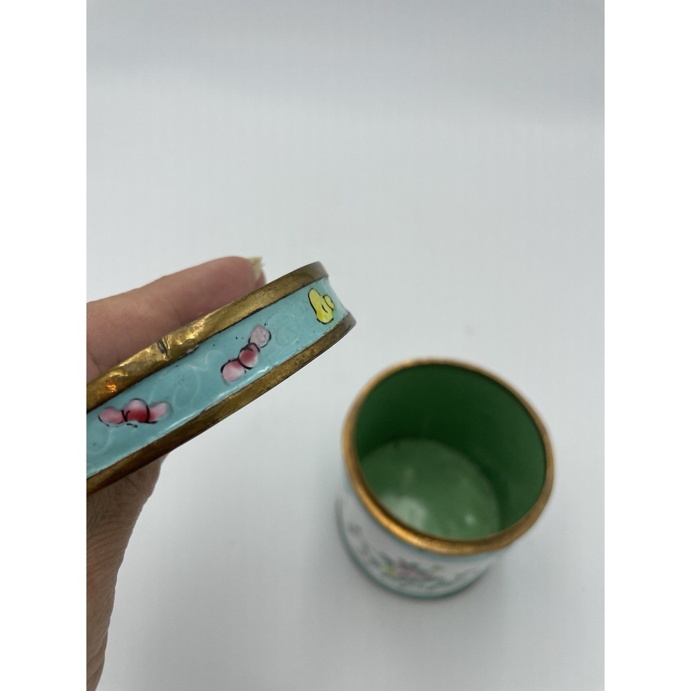 Antique Chinese Canton Enamel Round Lidded Tea Caddy Hand-Painted Birds Flowers - Picture 13 of 13
